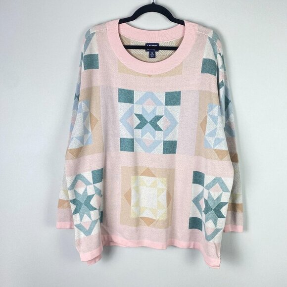 Lands' End Fine Gauge Cotton Crewneck Sweater Size 1X Pink Multi Geometric - Picture 1 of 10